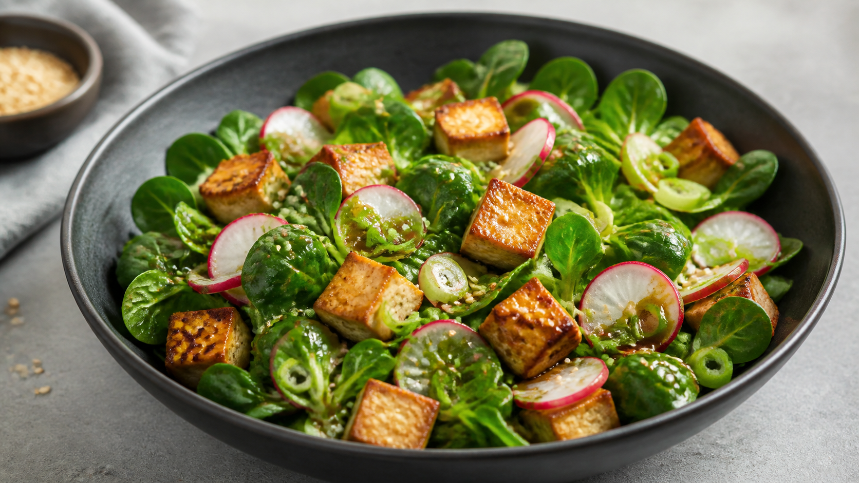 Schüssel mit gebratenen Räuchertofu-Würfeln, Radieschenscheiben, Feldsalat und geröstetem Sesam in dunklem Dressing