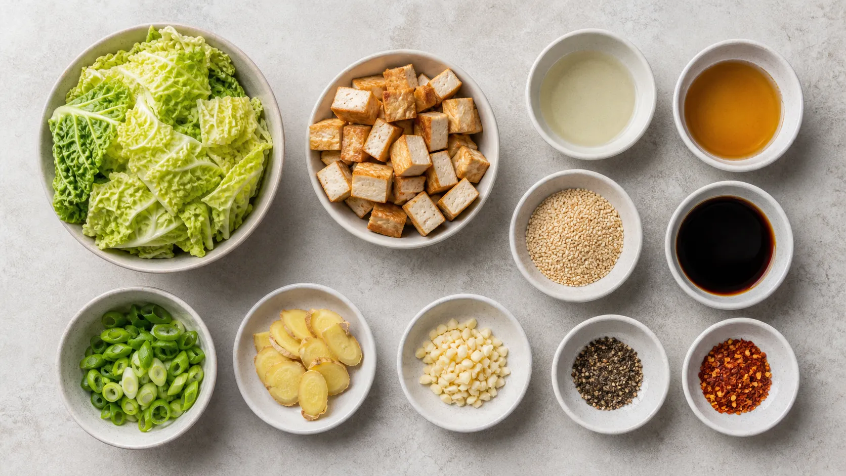 Zutaten für die Keto-Tofu-Pfanne: Räuchertofu, Wirsing, Sojasauce, Sesamöl, Sesam, Ingwer und Knoblauch