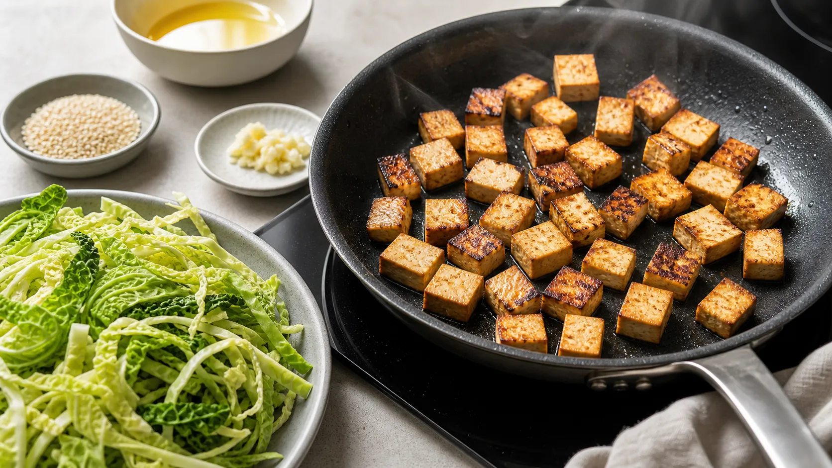 Räuchertofu-Würfel braten goldbraun in einer heißen Pfanne, daneben liegen geschnittene Wirsingstreifen