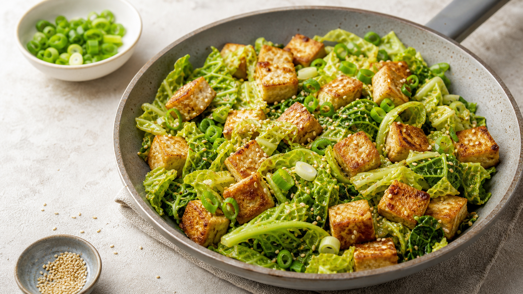 Pfanne mit knusprigen Räuchertofu-Würfeln, Wirsingstreifen, Sesam und Frühlingszwiebeln