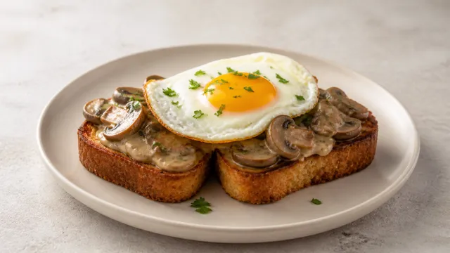 Cremige Rahmchampignons auf zwei Scheiben Mandelmehl-Toast mit Spiegelei und Petersilie auf einem Teller
