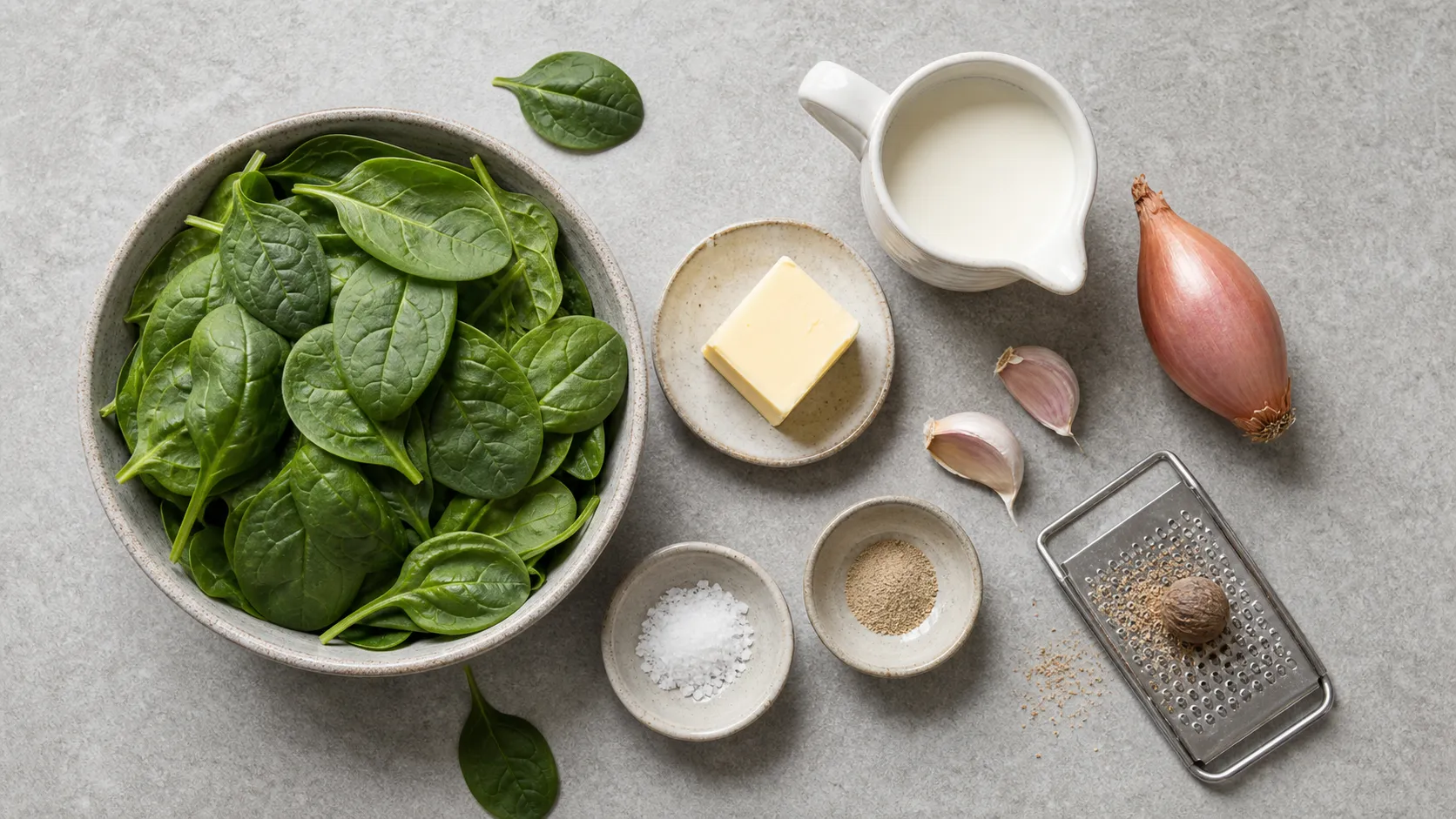 Zutaten für Keto-Rahmspinat: frischer Blattspinat, Sahne, Butter, Schalotte, Knoblauch, Muskatnuss, Salz und weisser Pfeffer