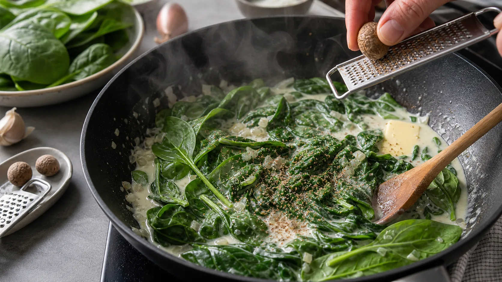 Frischer Spinat fällt in einer Pfanne mit Sahne, Butter, Schalotte und Knoblauch zusammen