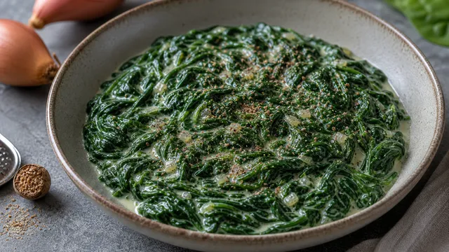 Cremiger Keto-Rahmspinat mit Sahne, Knoblauch und frisch geriebener Muskatnuss in einer Schale