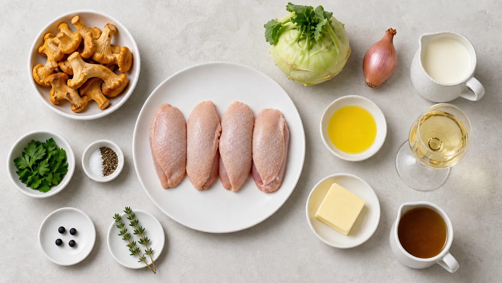 Zutaten für Keto-Rebhuhnbrust: Rebhuhnbrüste, Pfifferlinge, Kohlrabi, Sahne, Butterschmalz, Wacholderbeeren und Thymian