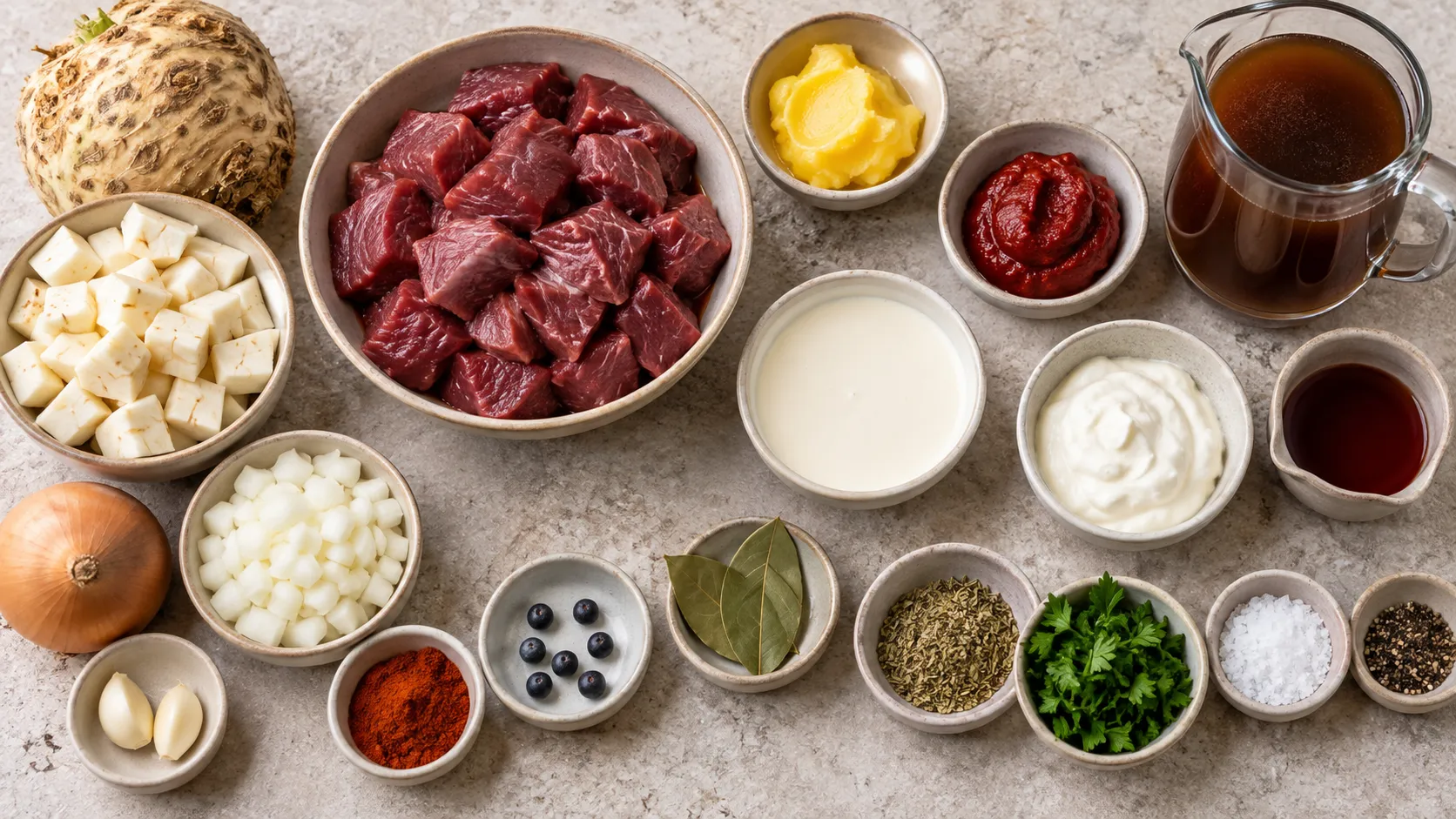 Zutaten für die Rehgulaschsuppe: gewürfeltes Rehfleisch, Knollensellerie, Zwiebel, Tomatenmark, Paprikapulver, Wacholderbeeren und Schmand