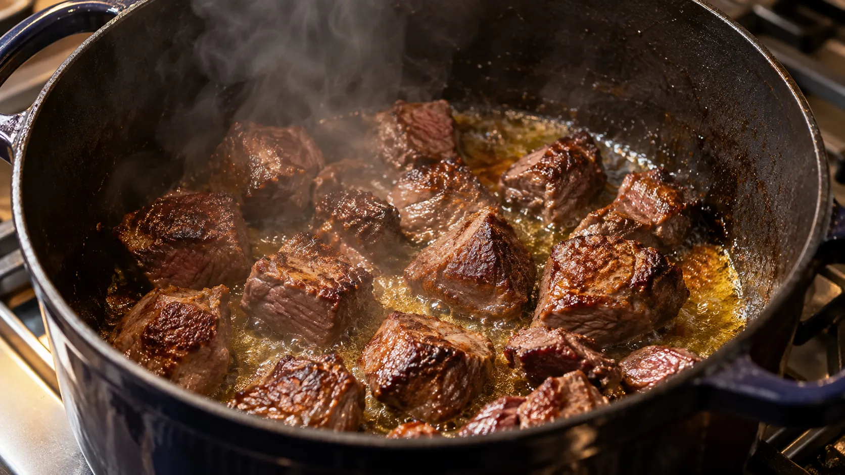 Rehfleischwürfel werden portionsweise in einem schweren Topf scharf angebraten, bis sie dunkelbraun sind