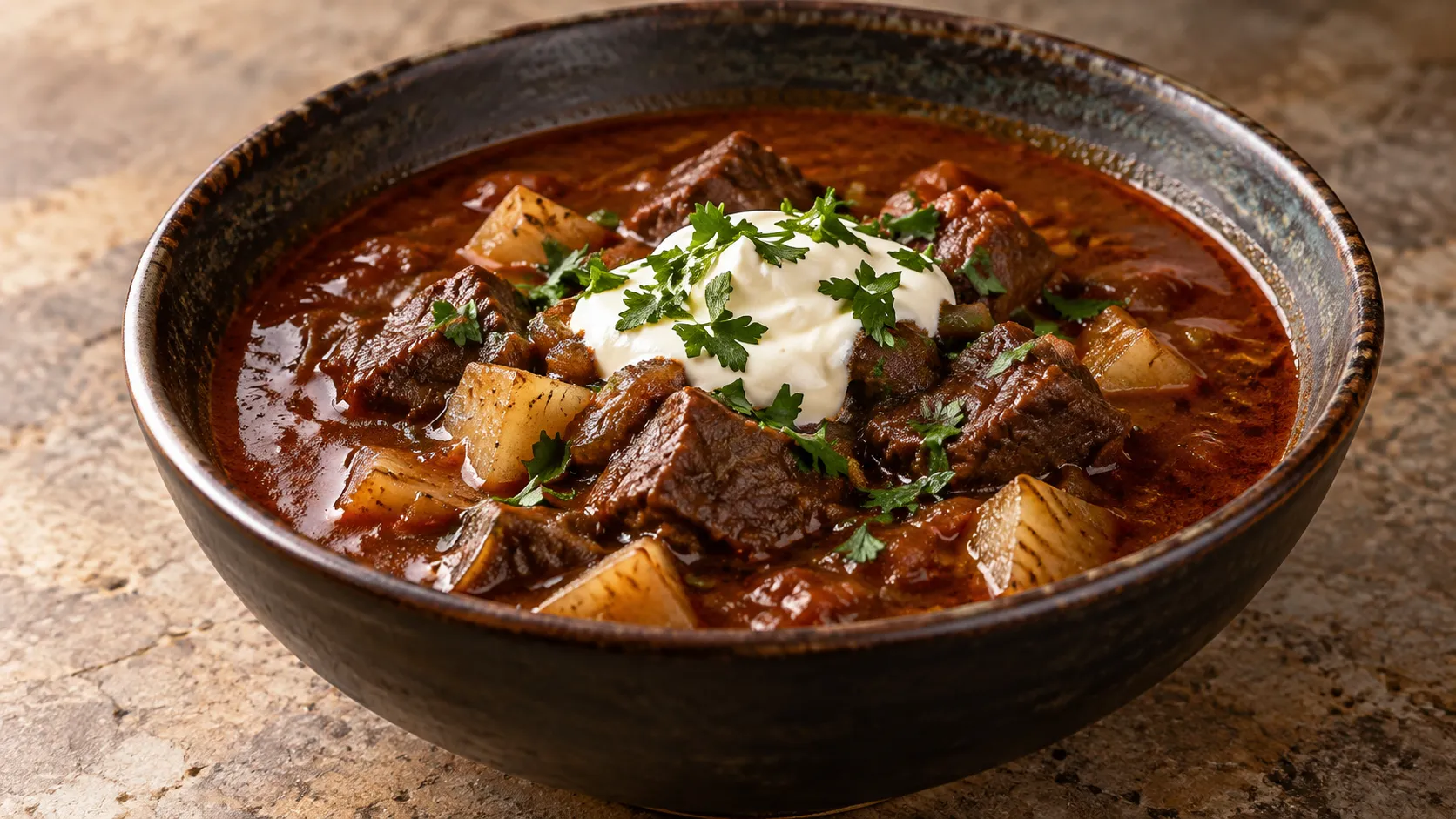 Dunkelrote Gulaschsuppe mit Rehfleischwürfeln und Selleriestücken in einem Suppenteller, darauf ein Klecks Schmand und Petersilie
