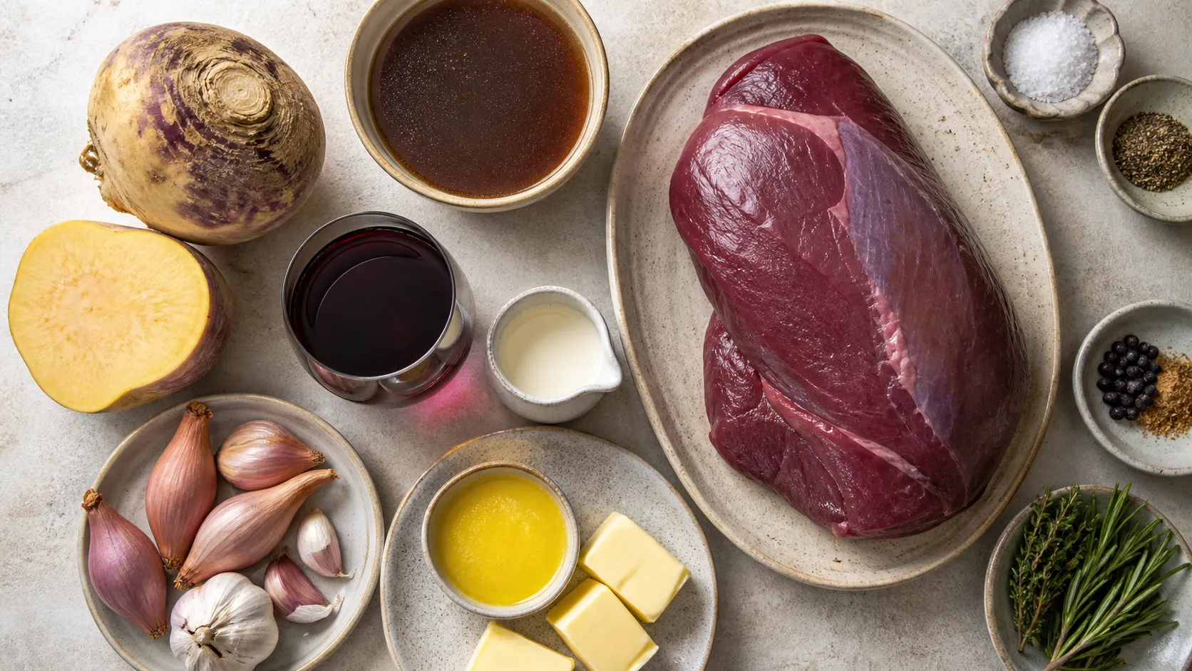 Zutaten für die Keto Rehkeule: ausgelöste Rehkeule, Steckrübe, Schalotten, Wacholderbeeren, Rosmarin, Sahne und Butter