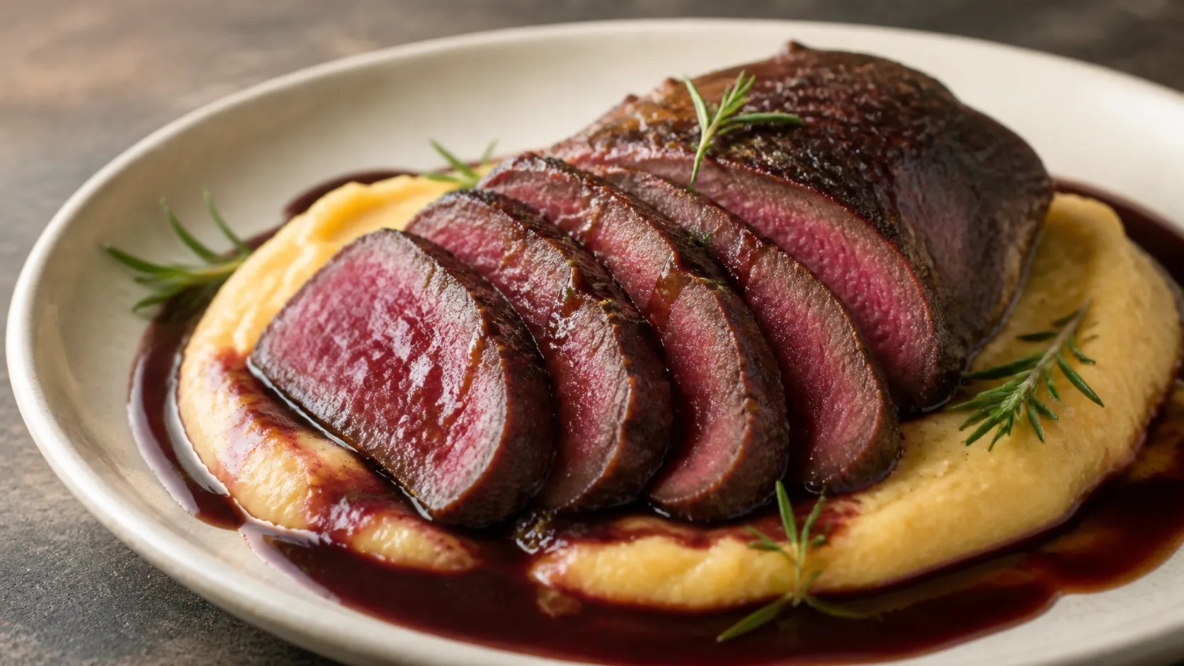 Rosa aufgeschnittene Keto Rehkeule mit dunkler Rotwein-Jus auf cremigem Steckrübenpüree