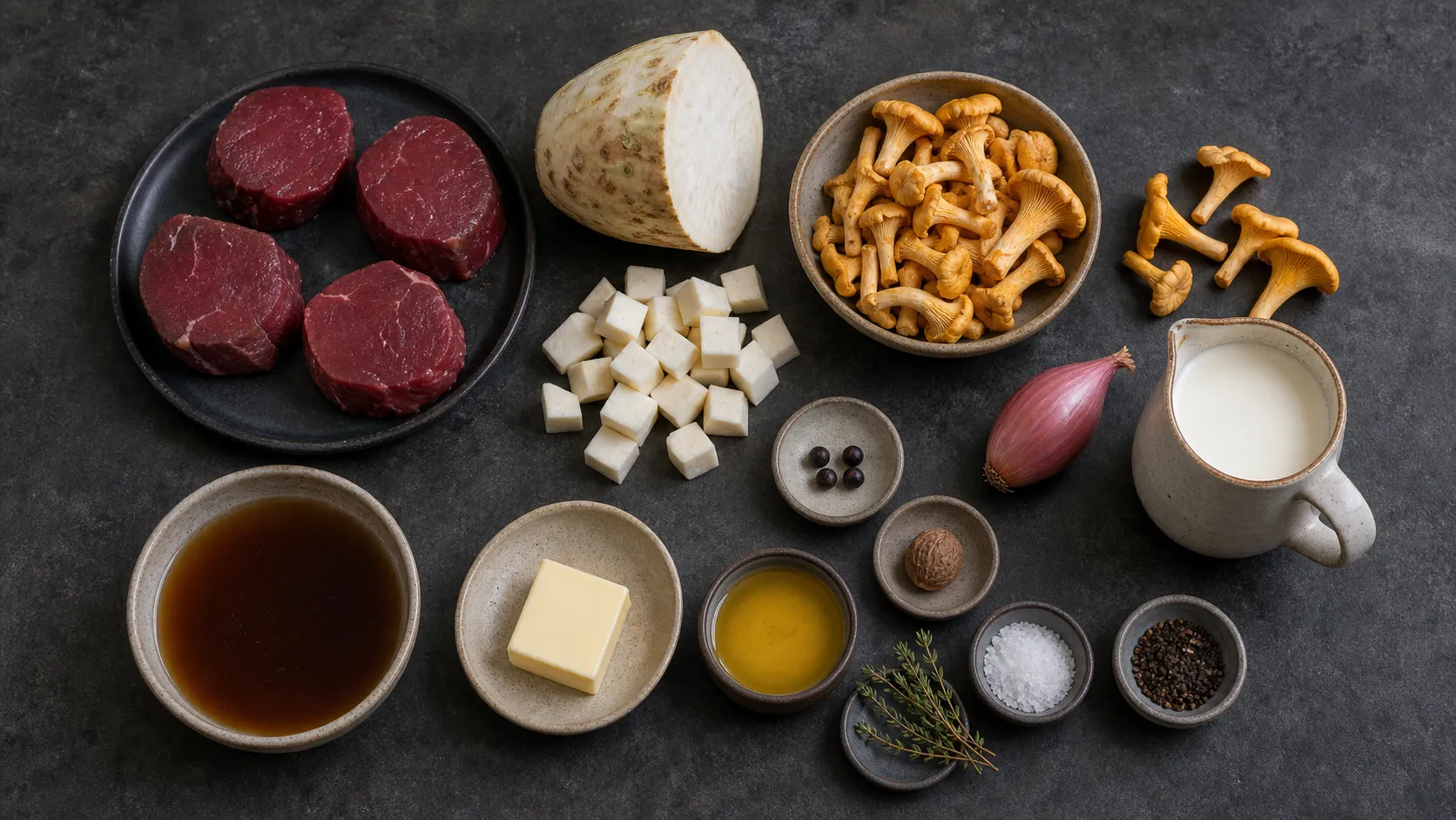 Zutaten für Keto Rehmedaillons: Rehrücken, frische Pfifferlinge, Sahne, Knollensellerie, Schalotte und Butter