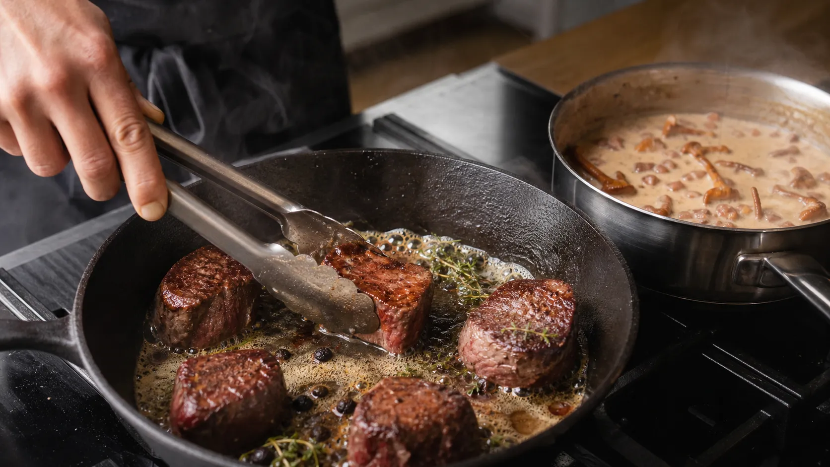 Rehmedaillons braten in der Pfanne, daneben köchelnde Pfifferling-Rahmsauce