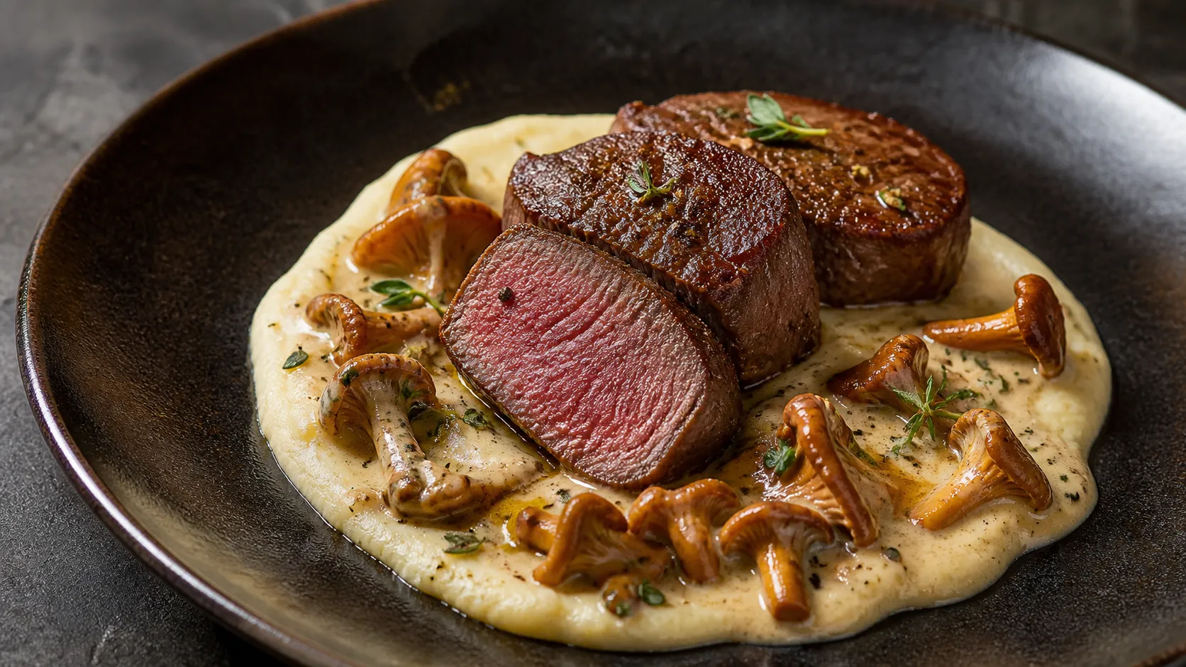 Keto Rehmedaillons rosa gebraten mit Pfifferling-Rahmsauce auf cremigem Selleriepüree