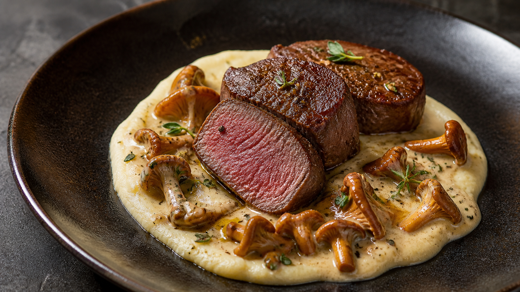 Keto Rehmedaillons rosa gebraten mit Pfifferling-Rahmsauce auf cremigem Selleriepüree