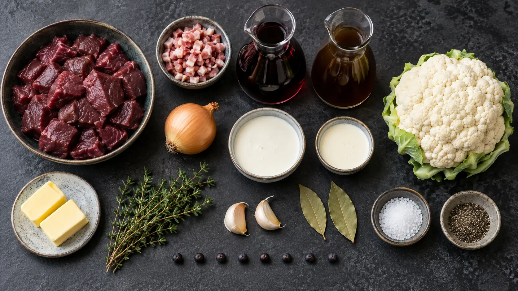 Zutaten für Rehragout: gewürfeltes Rehfleisch, Speckwürfel, Wacholderbeeren, Lorbeer, Thymian, Rotwein und Sahne