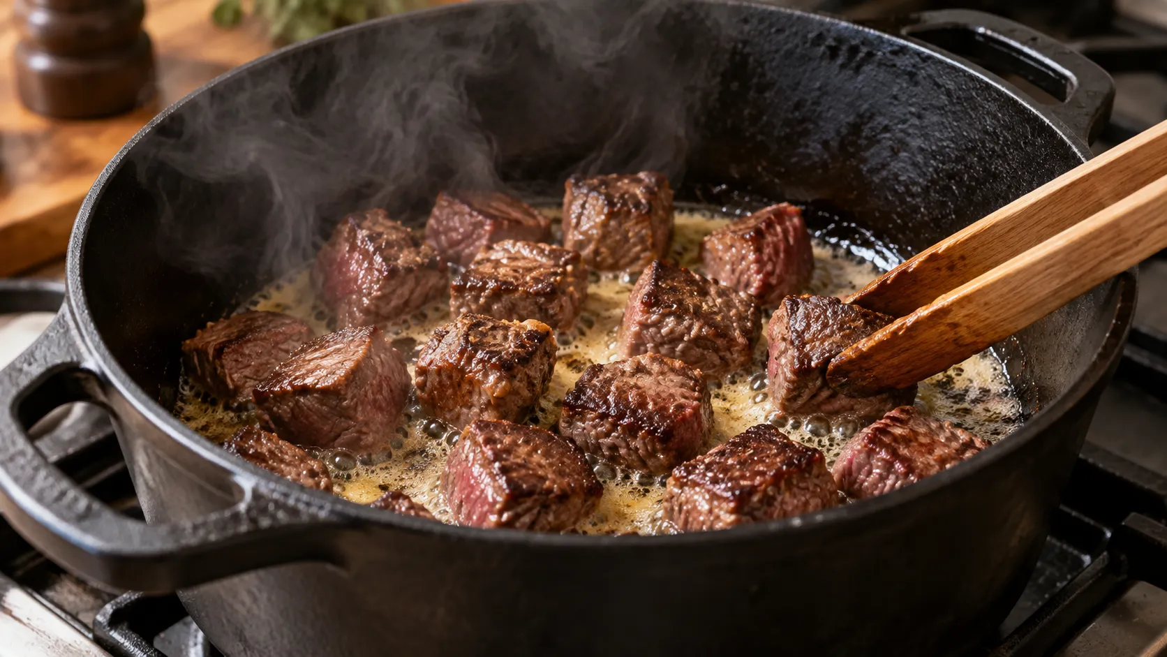 Rehwürfel werden in einem schweren Schmortopf portionsweise scharf angebraten