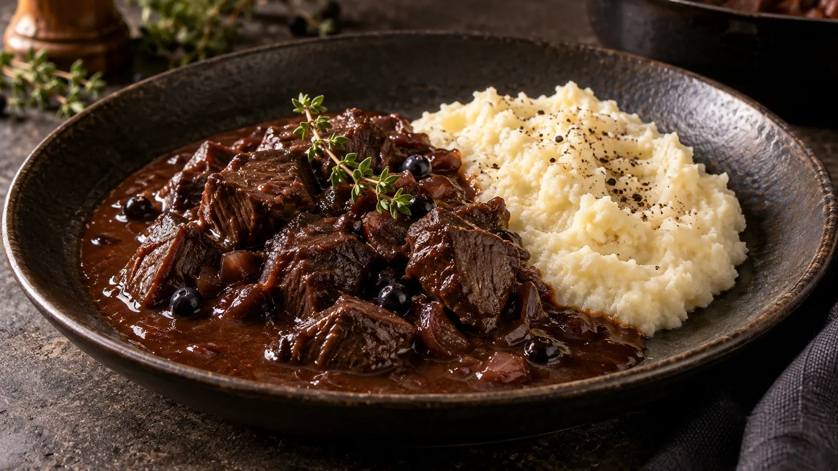 Dunkles Rehragout mit glänzender Sauce neben cremigem Blumenkohlstampf auf einem tiefen Teller