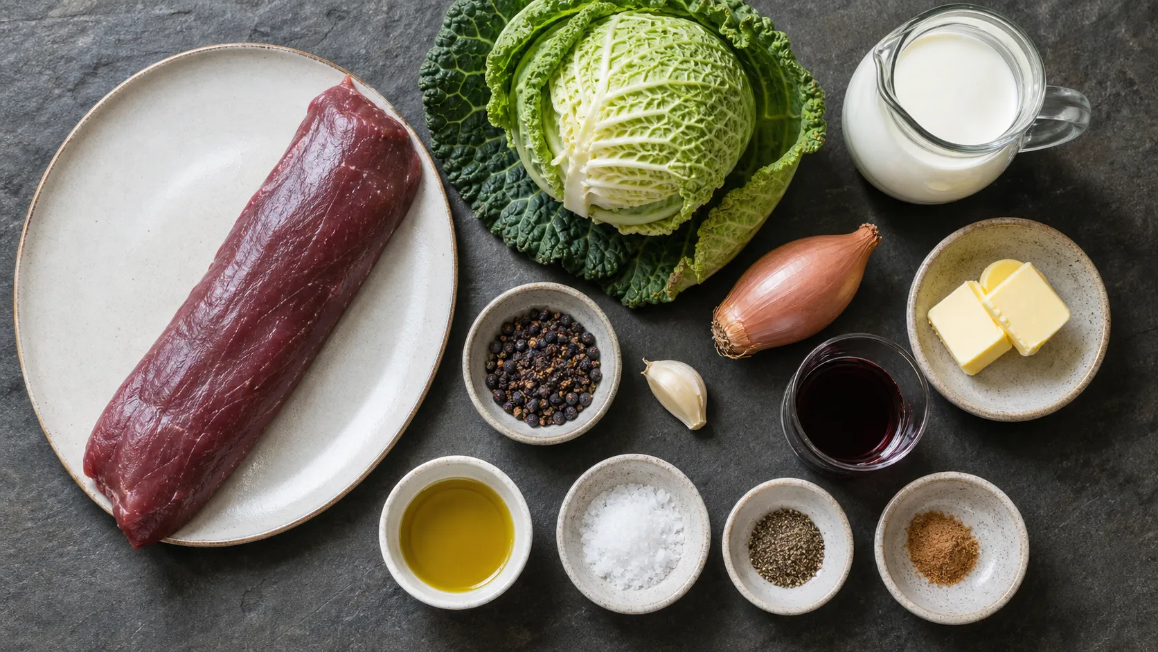 Zutaten für Keto Rehrücken: Rehrückenfilet, Wirsing, Sahne, Wacholderbeeren, Butter und Schalotte