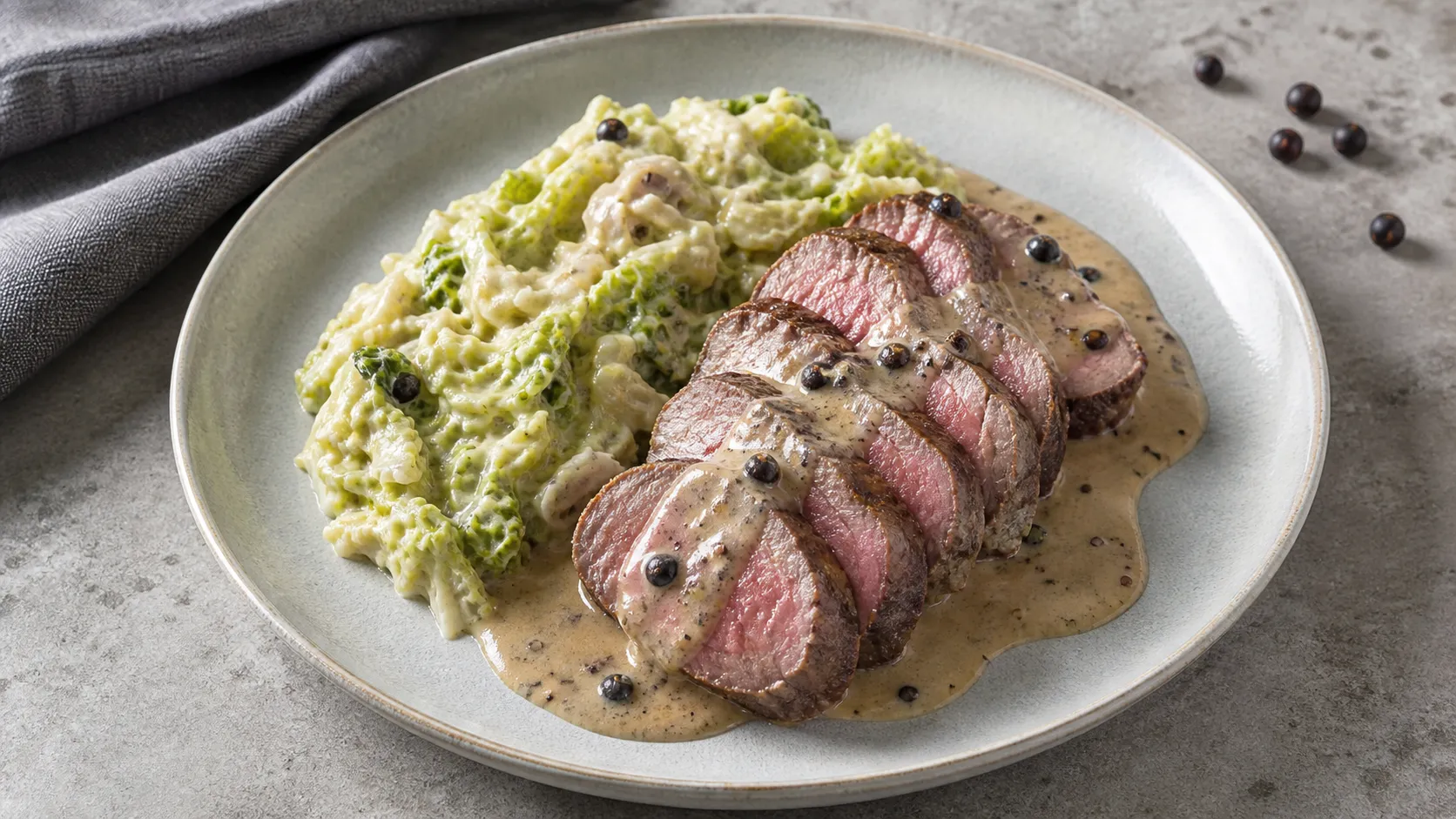 Keto Rehrücken rosa gebraten mit Wacholderrahm-Sauce und Rahmwirsing auf einem Teller