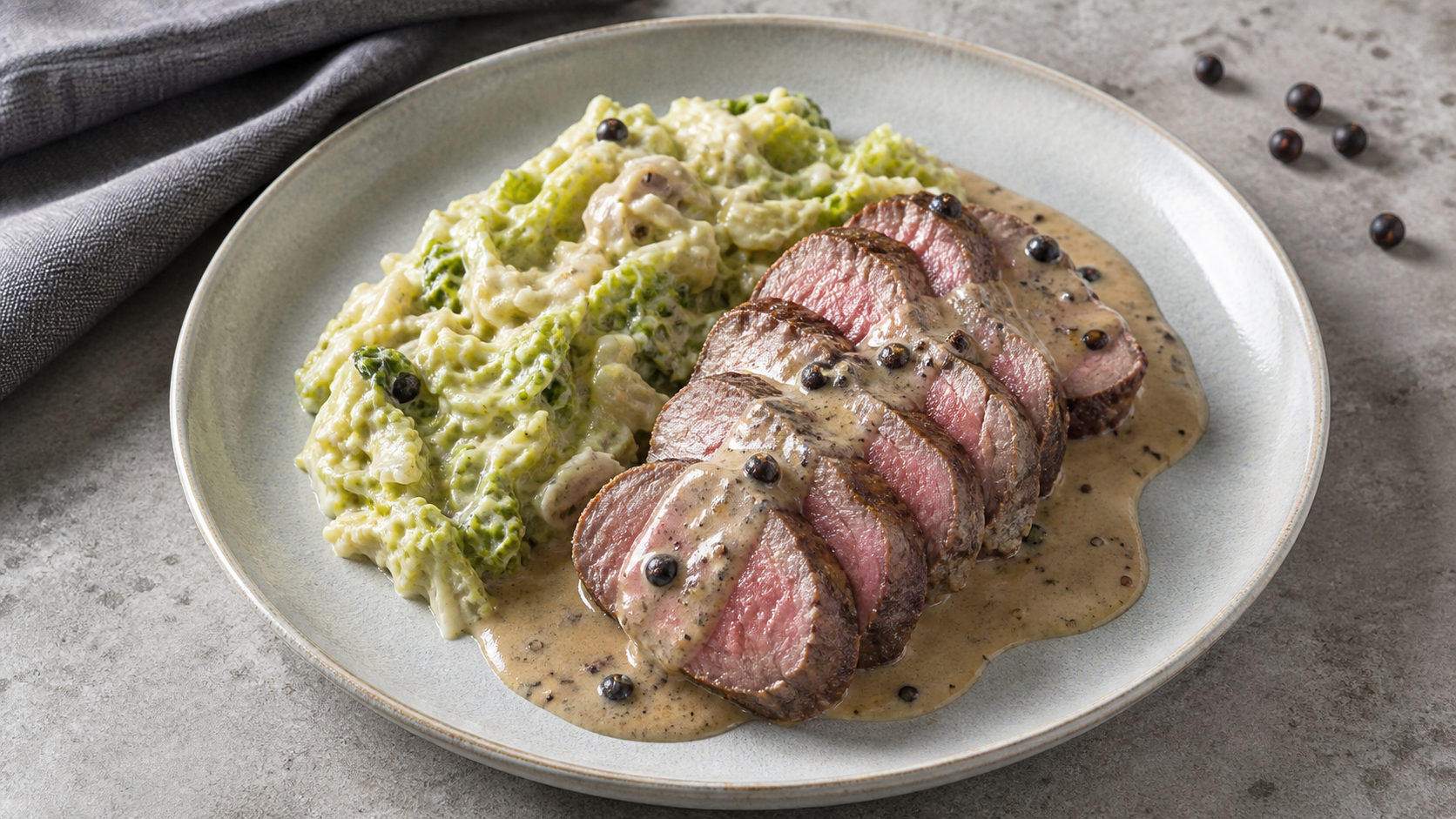 Keto Rehrücken rosa gebraten mit Wacholderrahm-Sauce und Rahmwirsing auf einem Teller