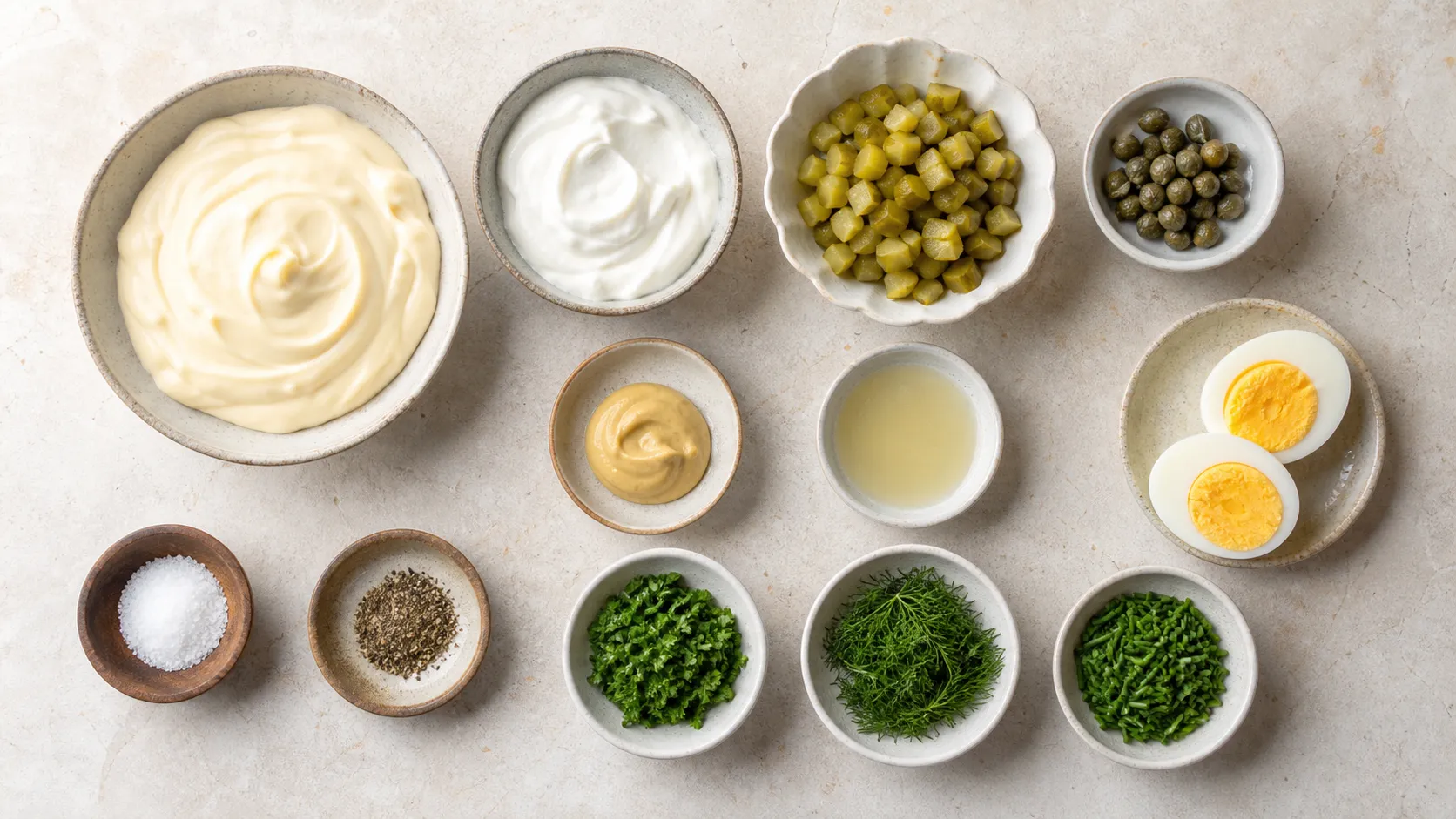 Zutaten für Keto Remoulade: Mayonnaise, Crème fraîche, Gewürzgurken, Kapern, Ei und Kräuter