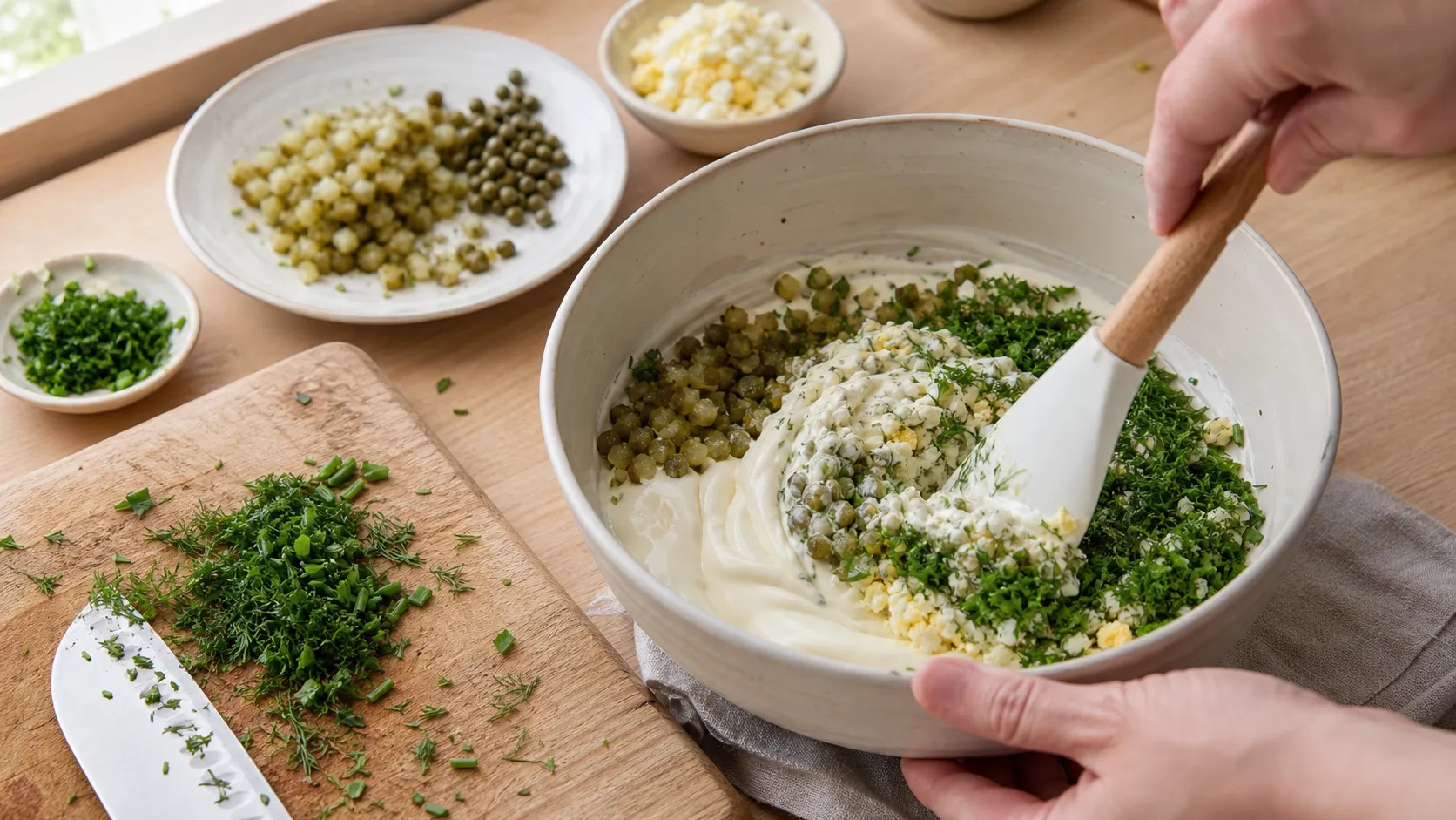 Gewürzgurken und Kräuter werden fein gehackt und unter die Mayonnaise gerührt