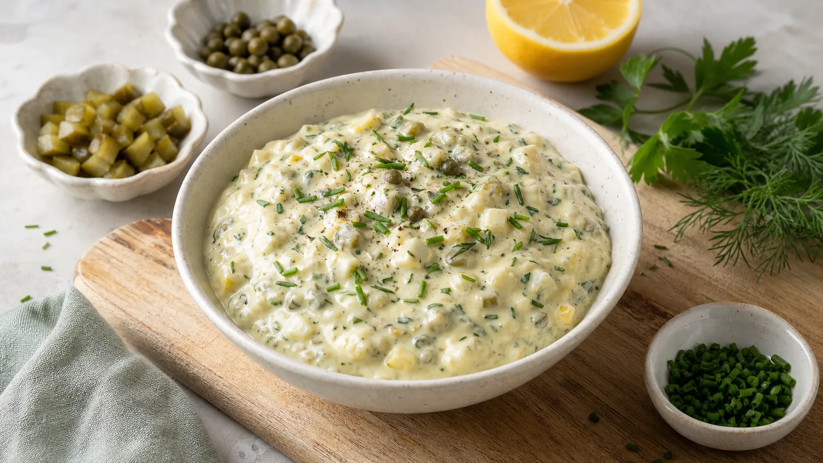 Selbst gemachte Keto Remoulade mit Kräutern und Gurkenstückchen in einer Schale