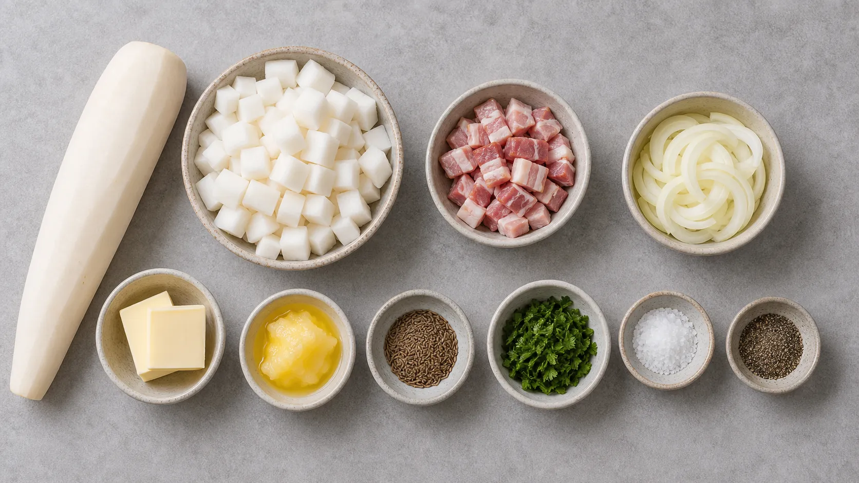 Zutaten für Keto-Rettich-Bratkartoffeln: weisser Rettich, Speck, Zwiebel, Butter, Kümmel und Petersilie
