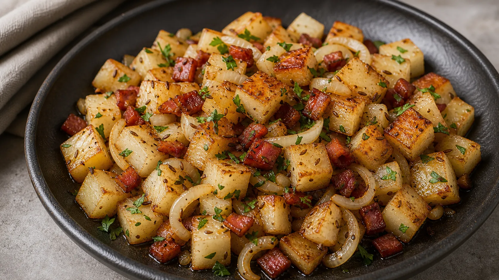 Keto-Bratkartoffeln aus weissem Rettich mit Speck, Zwiebeln, Kümmel und Petersilie goldbraun gebraten