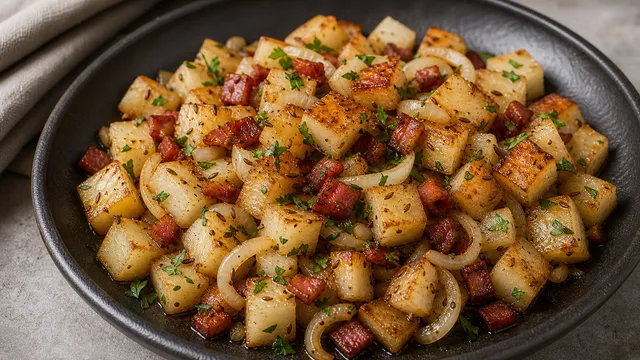 Keto-Bratkartoffeln aus weissem Rettich mit Speck, Zwiebeln, Kümmel und Petersilie goldbraun gebraten