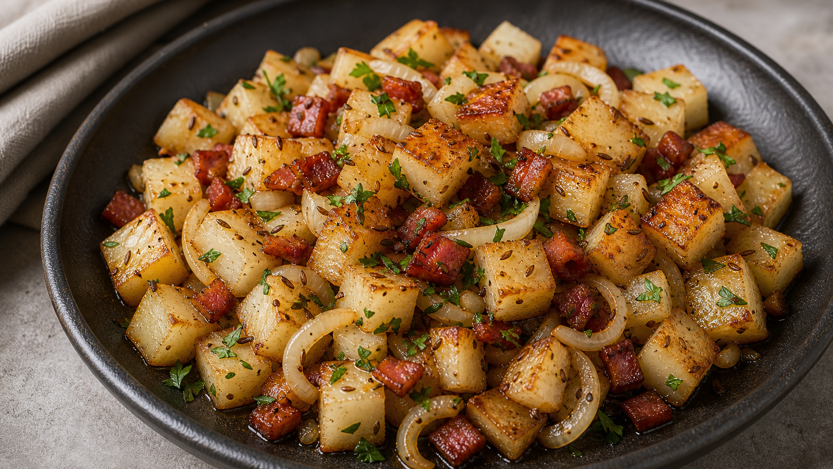 Keto-Bratkartoffeln aus weissem Rettich mit Speck, Zwiebeln, Kümmel und Petersilie goldbraun gebraten