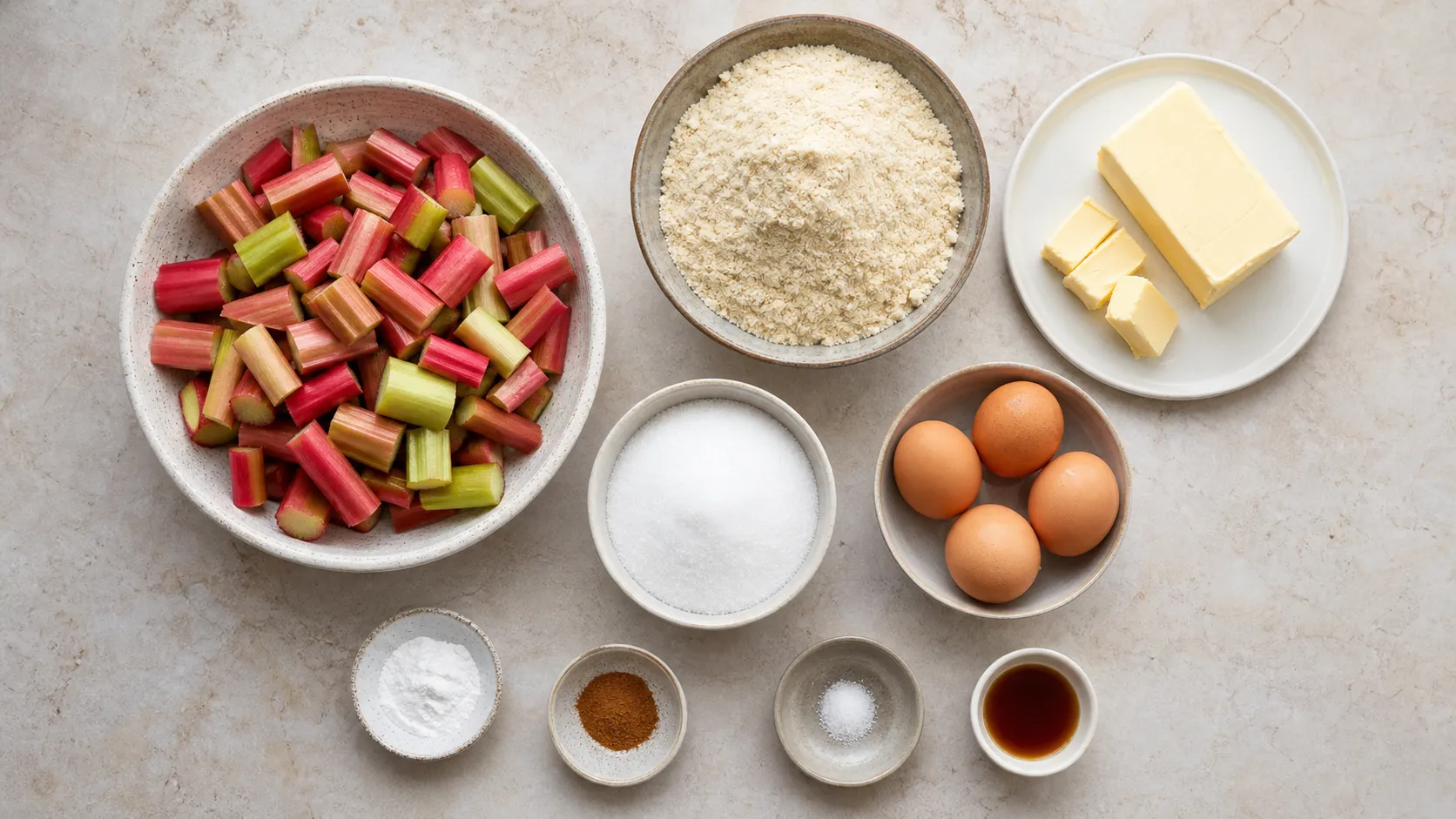 Zutaten für Keto Rhabarber-Streuselkuchen: Rhabarber, Mandelmehl, Butter, Eier und Erythrit