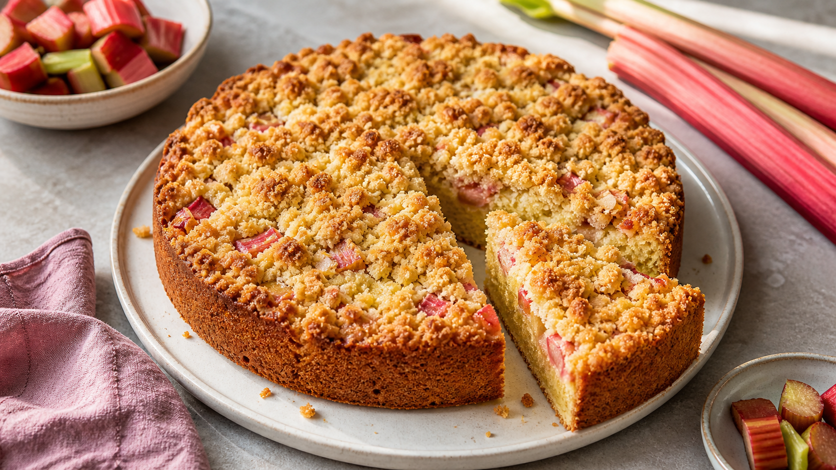 Keto Rhabarber-Streuselkuchen mit goldbraunen Mandelstreuseln