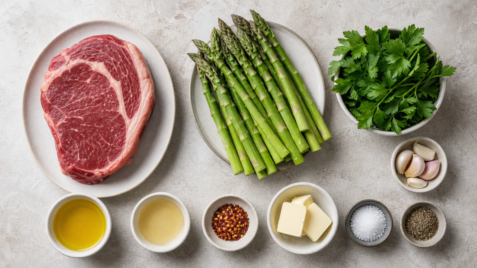 Zutaten für Keto Ribeye-Steak mit Chimichurri: Ribeye, grüner Spargel, Petersilie, Knoblauch, Olivenöl, Essig, Chili und Butter