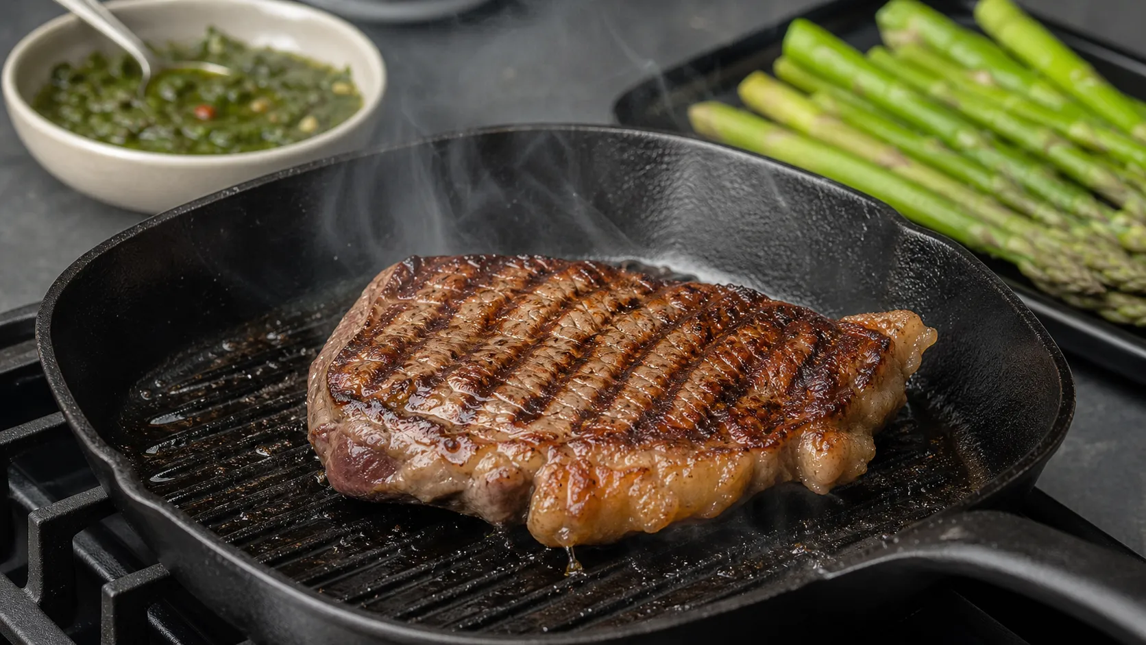 Ribeye-Steak brät in einer Grillpfanne, während Chimichurri und grüner Spargel vorbereitet sind
