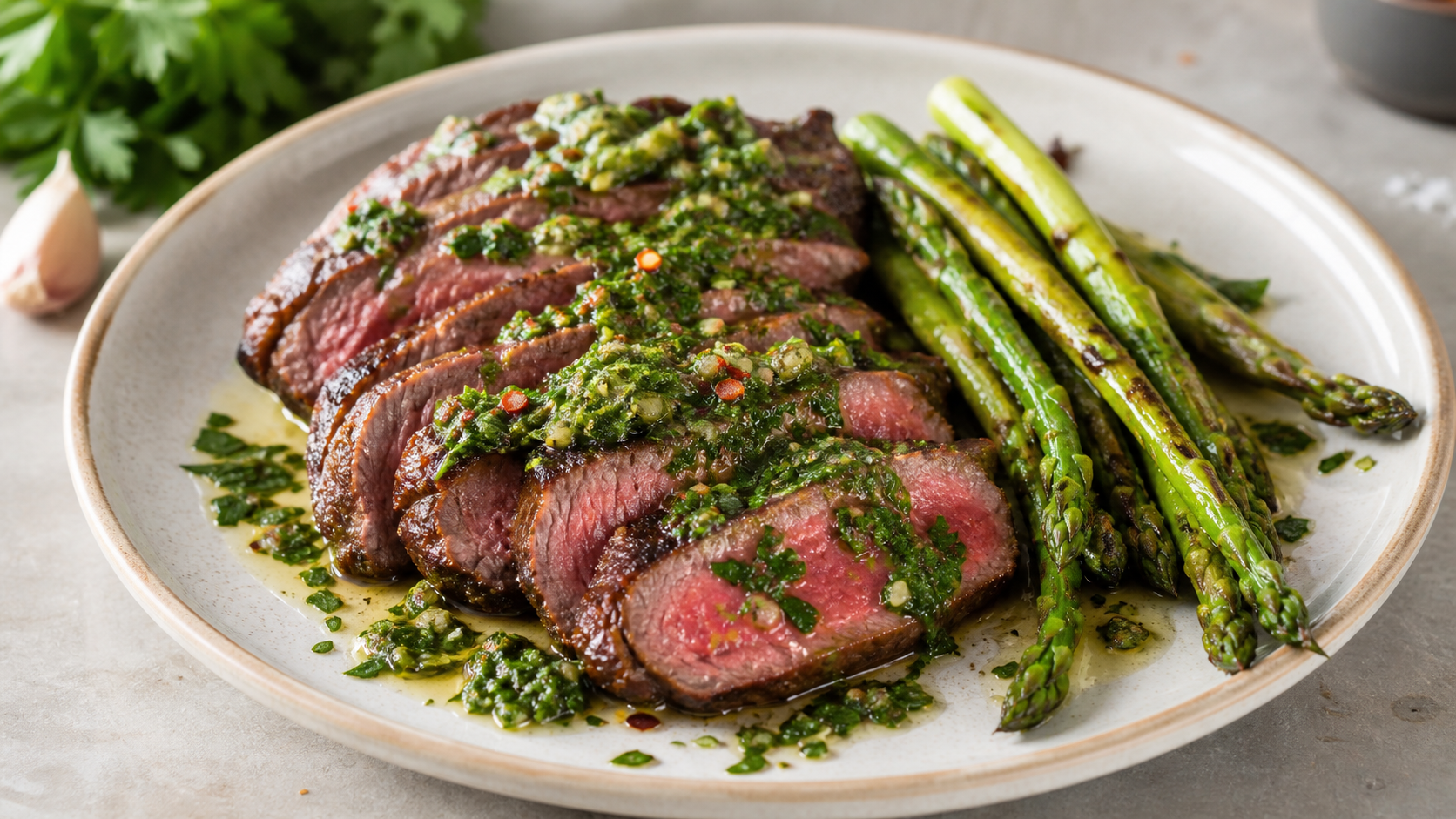 Aufgeschnittenes Keto Ribeye-Steak mit grüner Chimichurri-Sauce und gebratenem Spargel auf einem Teller