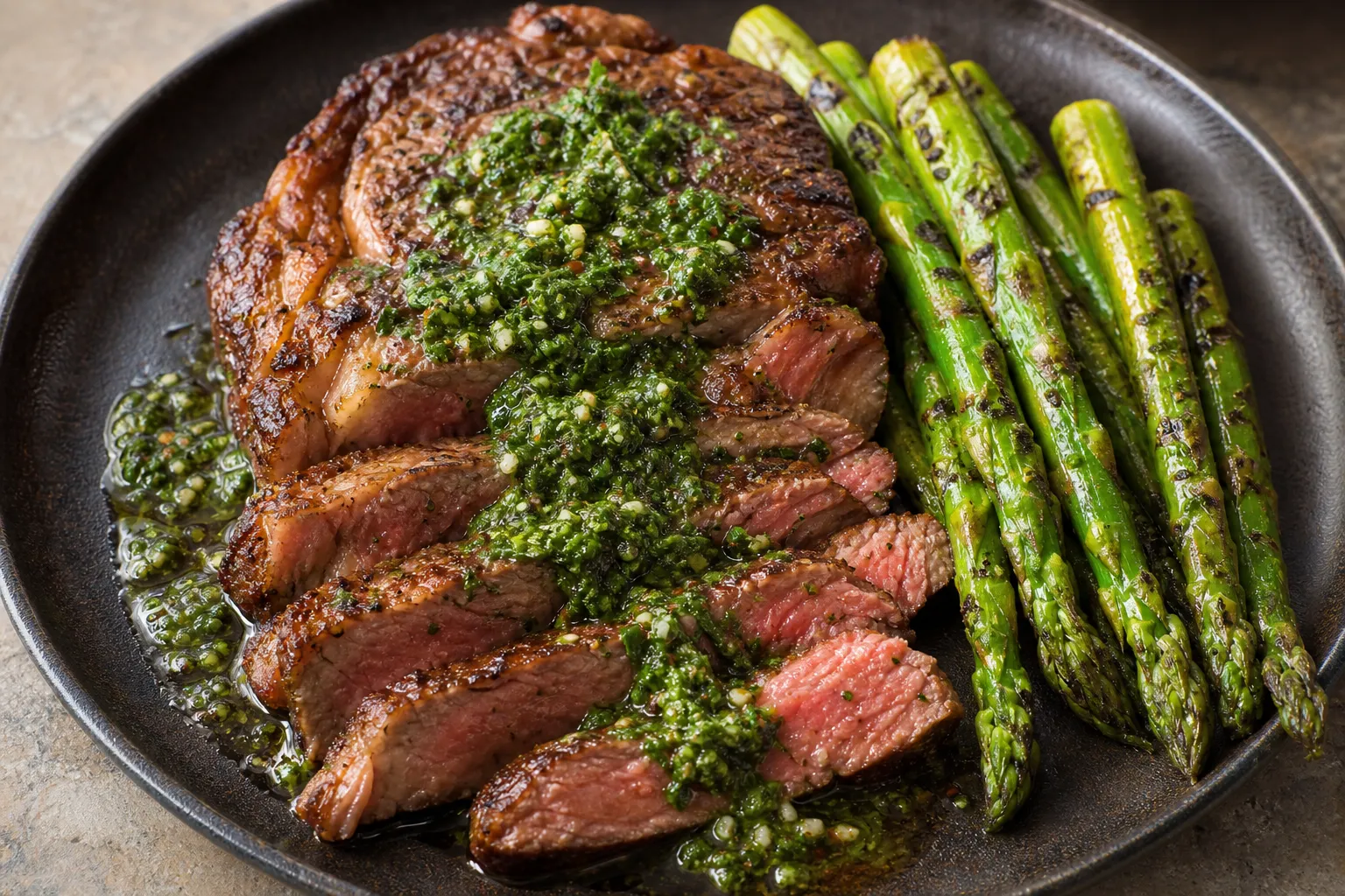 Keto Ribeye-Steak mit Chimichurri-Soße und gegrilltem grünem Spargel auf einem Holzbrett