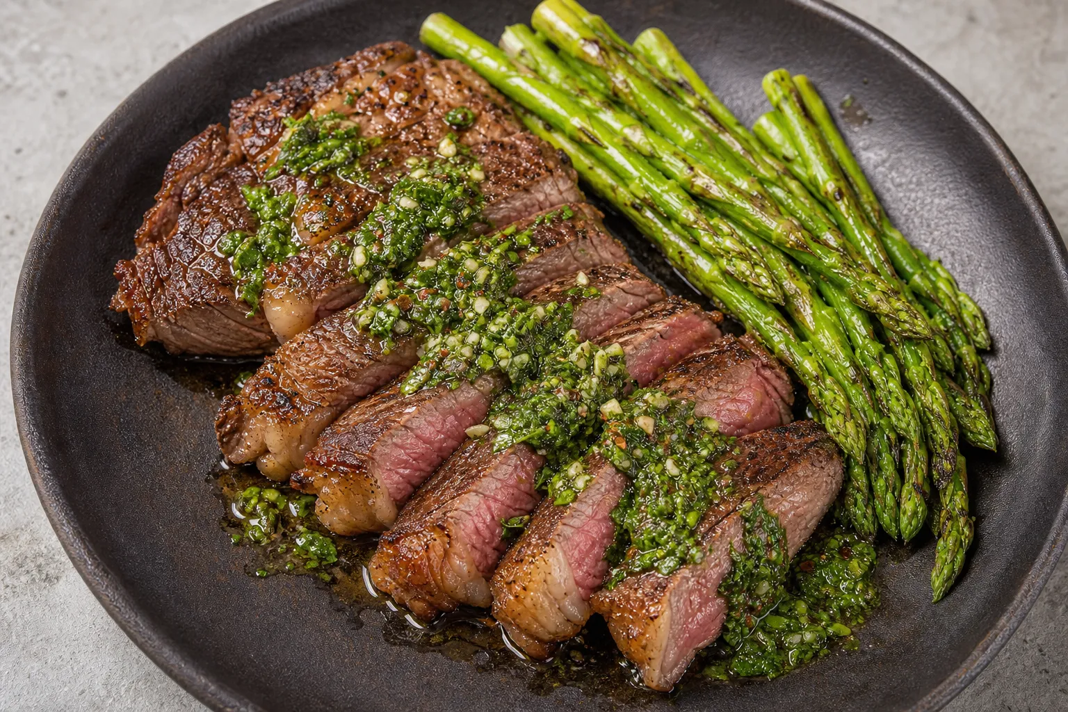 Aufgeschnittenes Ribeye-Steak mit Chimichurri und Spargel angerichtet