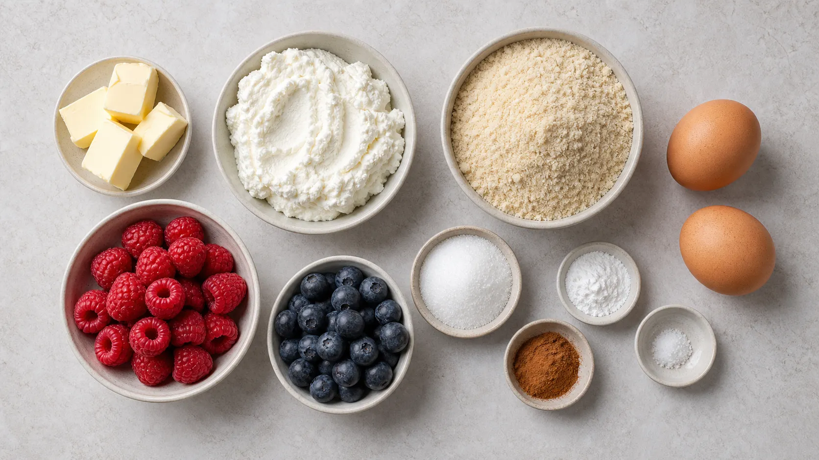 Zutaten für Keto-Ricotta-Pfannkuchen: Ricotta, Eier, Mandelmehl, Zimt, Erythrit und Beeren