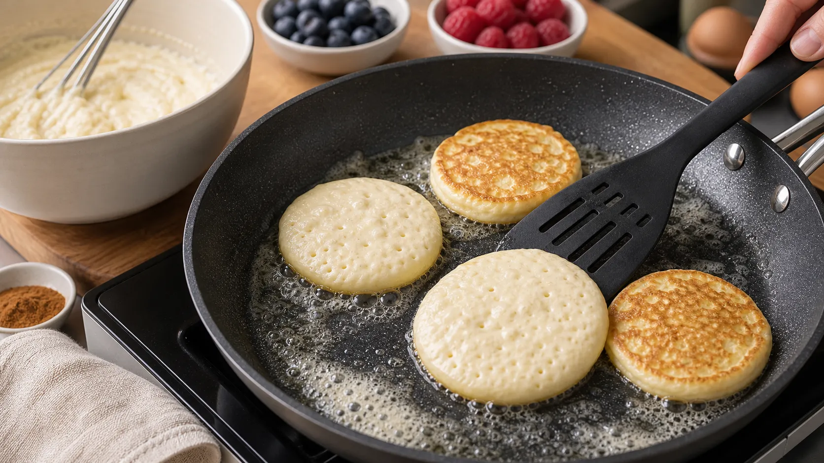 Kleine Ricotta-Pfannkuchen backen goldbraun in einer beschichteten Pfanne mit Butter