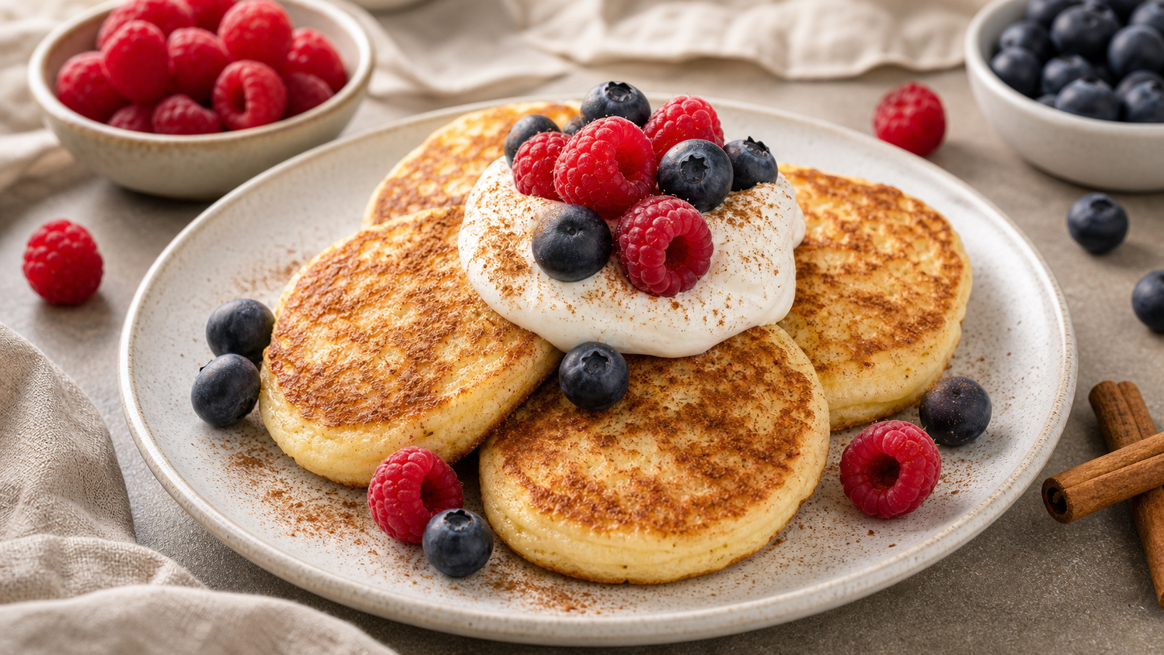 Ein Stapel fluffiger Keto-Ricotta-Pfannkuchen mit Zimt, frischen Beeren und einem Klecks Sahne auf einem Teller