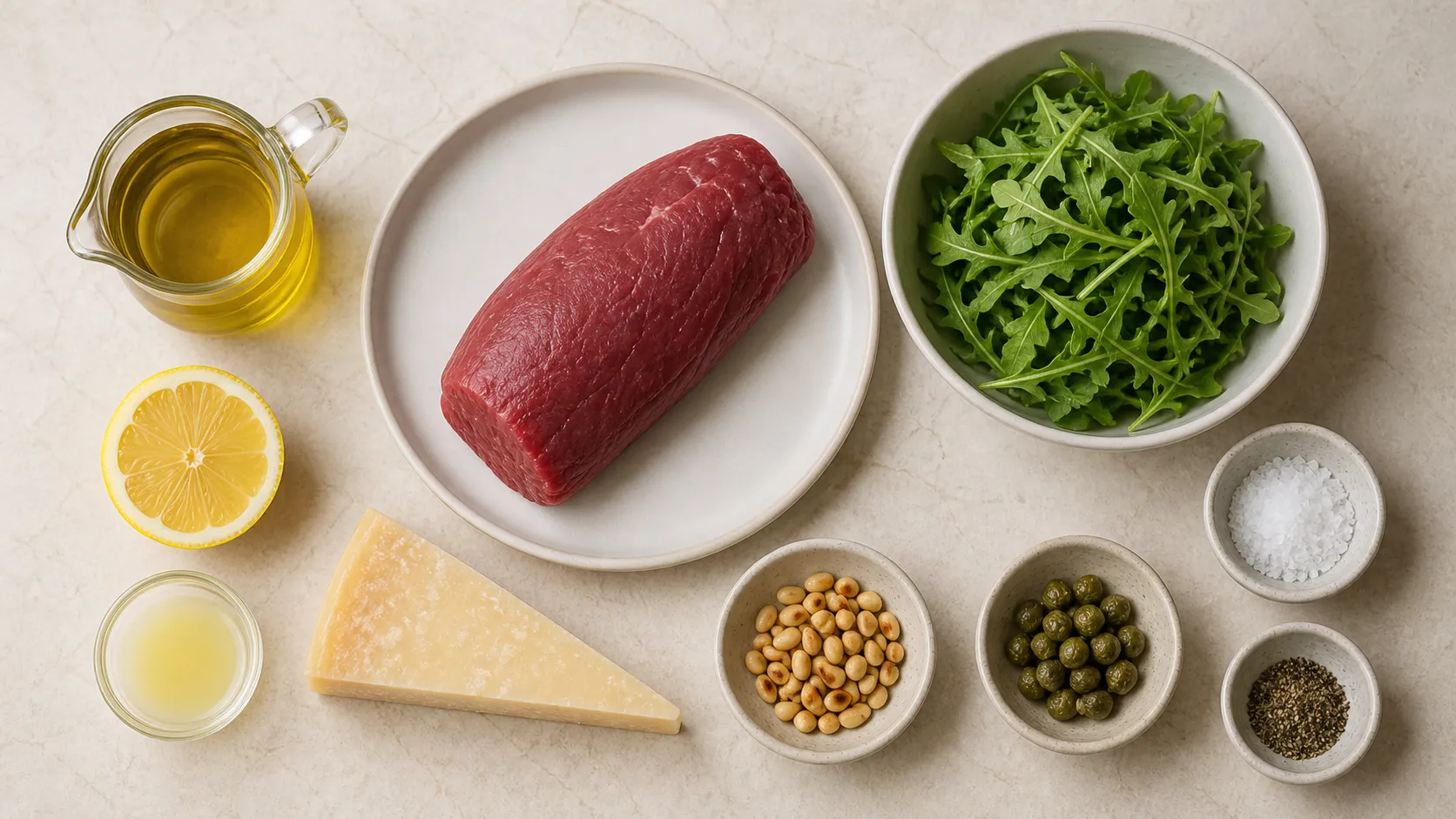 Zutaten für Keto-Carpaccio: ein Stück Rinderfilet, Olivenöl, Zitrone, Parmesanstück, Rucola, Kapern und Pinienkerne