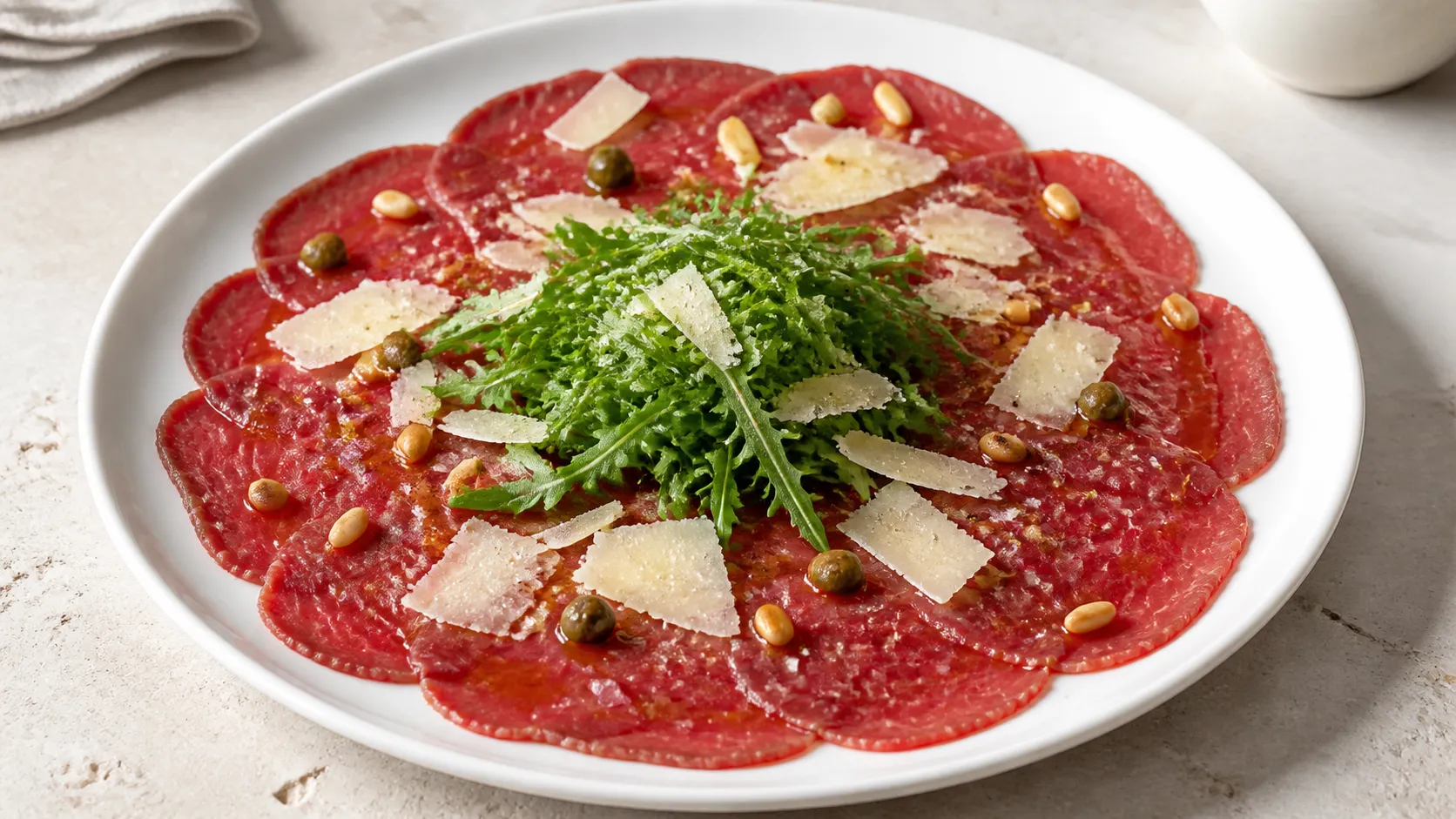 Keto-Rindercarpaccio aus hauchdünnem Rinderfilet mit Rucola, Parmesanhobeln, Kapern und gerösteten Pinienkernen