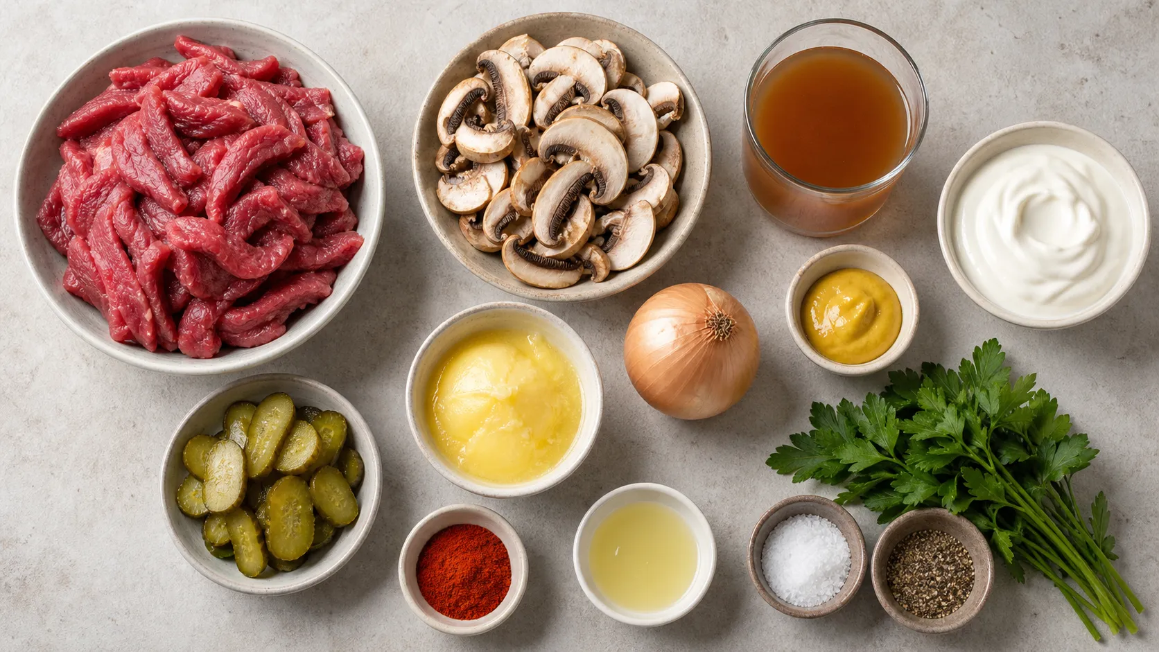 Zutaten für Keto-Stroganoff: Rinderhüfte in Streifen, Champignons, Zwiebel, Schmand, Senf, Gewürzgurken und Paprikapulver