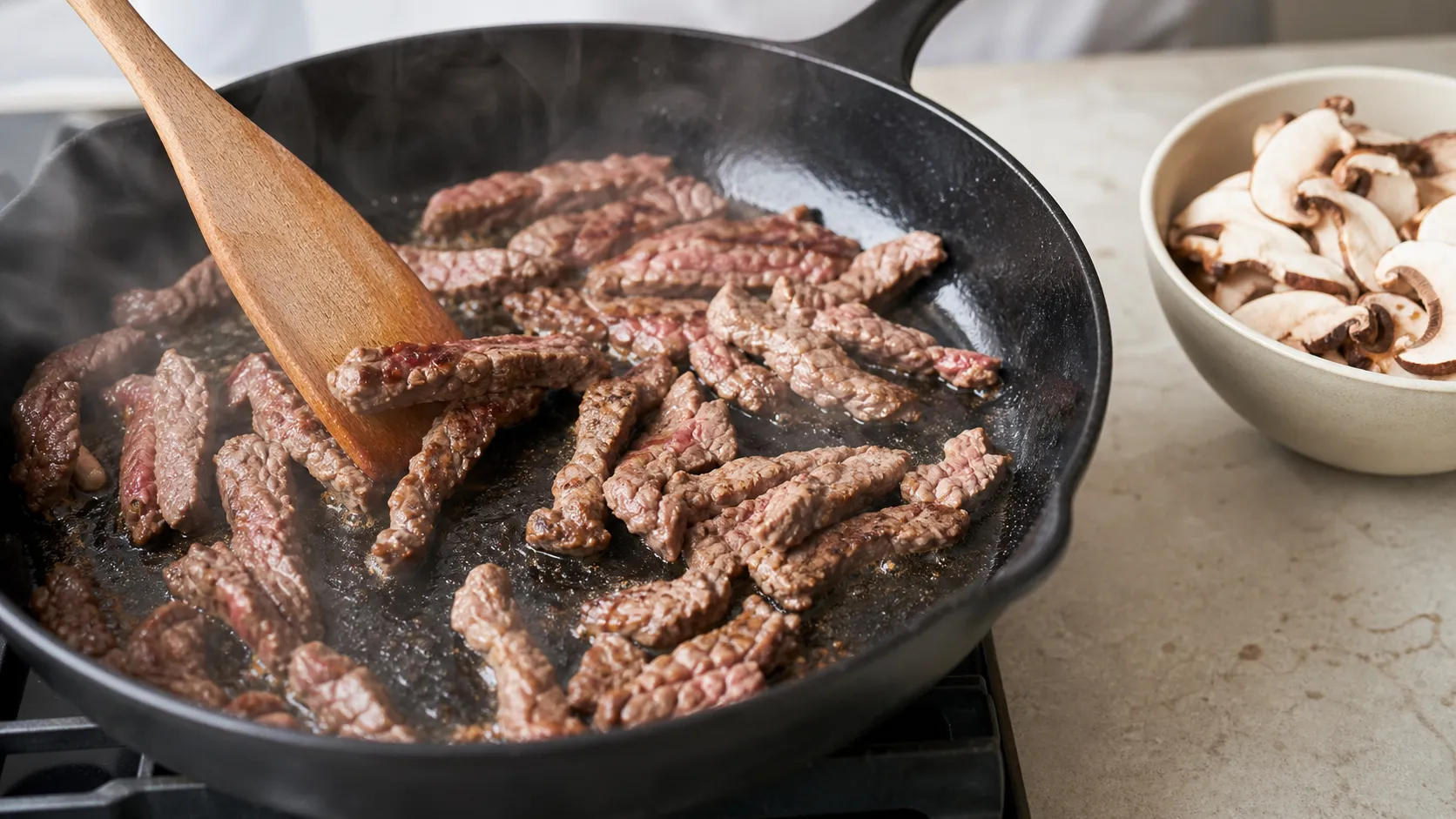 Rinderstreifen braten scharf in einer heißen Pfanne an, daneben warten geschnittene Champignons