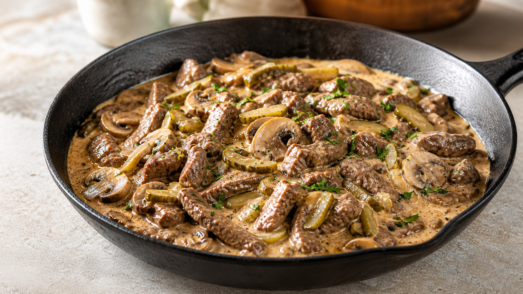 Keto-Stroganoff mit Rinderstreifen, Champignons und cremiger Schmandsauce in einer Pfanne, bestreut mit Petersilie
