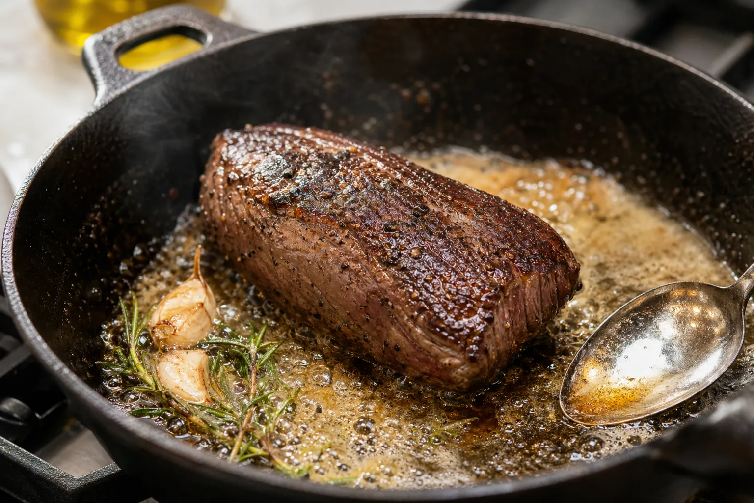 Rinderfilet scharf in Butter und Olivenöl anbraten für das Keto-Abendessen