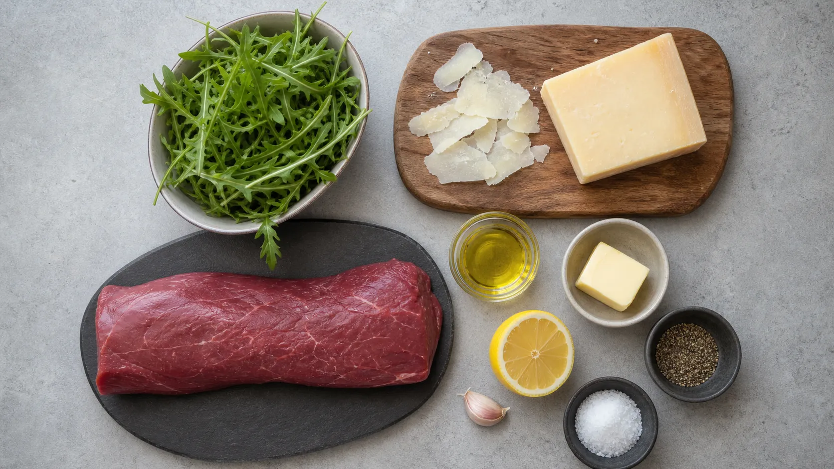 Zutaten für Keto Rinderfilet mit Rucola, Parmesan, Olivenöl, Butter und Zitrone