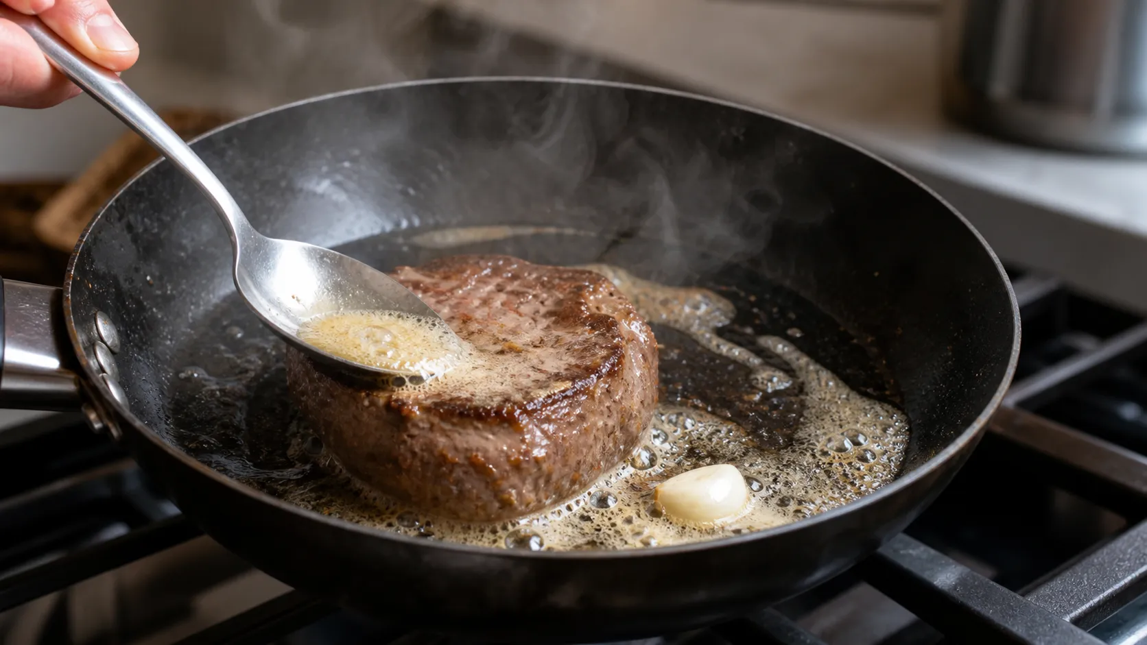 Rinderfilet wird in Butter in der Pfanne gebraten und mit heißer Butter begossen