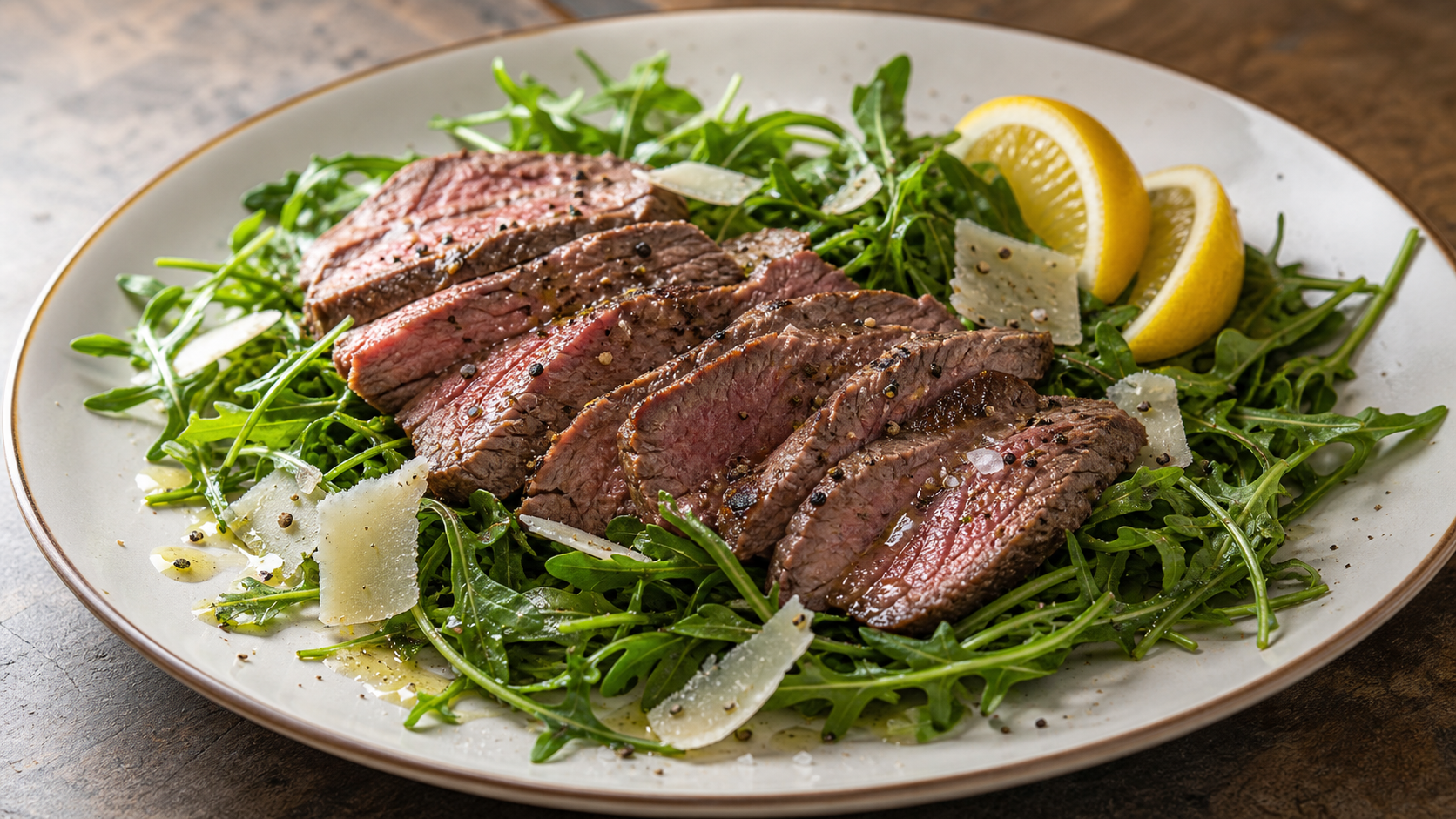 Keto Rinderfilet in Scheiben auf Rucola mit Parmesan, Olivenöl und Zitrone angerichtet
